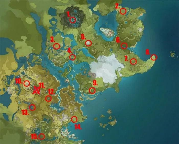 Карта расположения странных хиличурлов в Genshin Impact