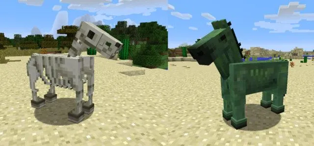 Лошадь-скелет слева и Лошадь-зомби справа