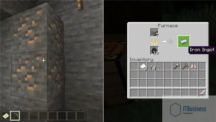 Разделенное изображение железной руды и плавки железа в Minecraft