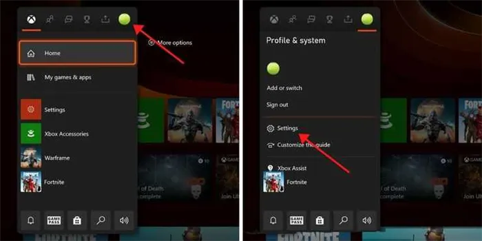 Главный экран Xbox One со стрелками, указывающими, как попасть в меню