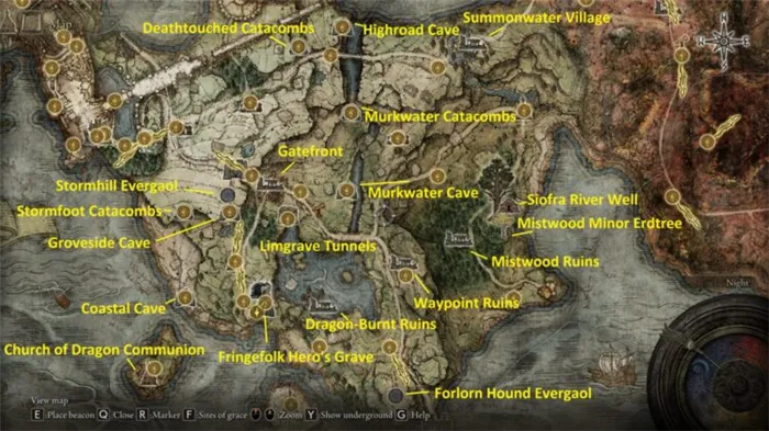 Руководство по подземельям Elden Ring Limgrave Dungeons Limgrave Secrets 1 Карта