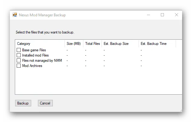 Выберите файл резервной копии в NexusModManager