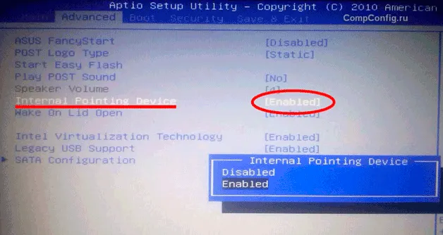 Как включить тачпад на ноутбуке через BIOS