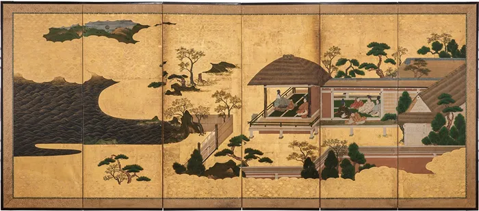 Умный Гензи живет однообразной и скромной жизнью в Суме. Роспись Муногатари Сума-Мацуазэ-дзу Бобу, справа (Музей университета Гакушуин).