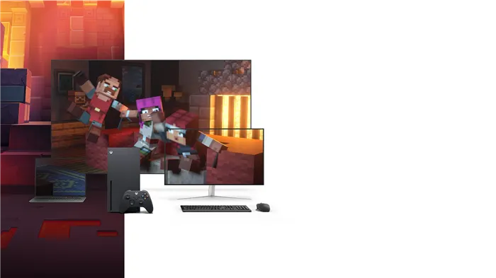 Ноутбук с консолью Xbox Series X, экран ПК, рядом с телевизором, с обложкой Minecraft Dungeons