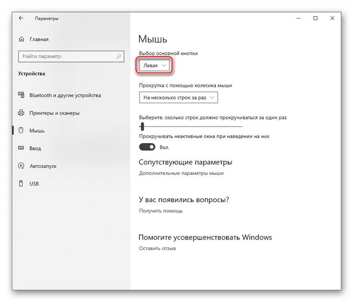 Настройка главной кнопки мыши в Windows 10