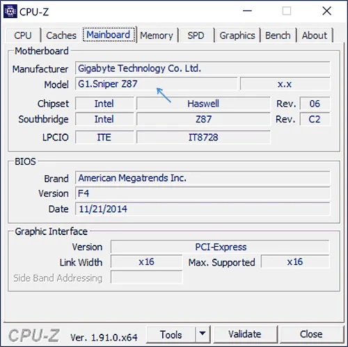 Модель карты в CPU-Z
