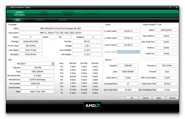 Интерфейс программы AMD OverDrive