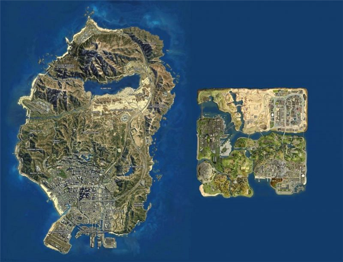 Карта GTA 5 похожа на предыдущие карты серии тем, что полностью окружена водой; Карта GTA San Andreas для сравнения (изображение Rockstar Games)